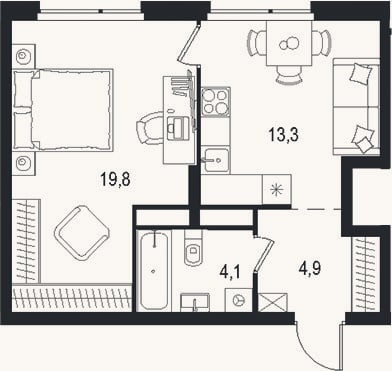 Планировка: 1-к, 42,1 м²