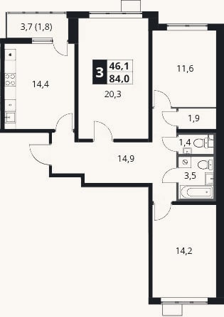 Планировка: 3-к, 82,2 м²