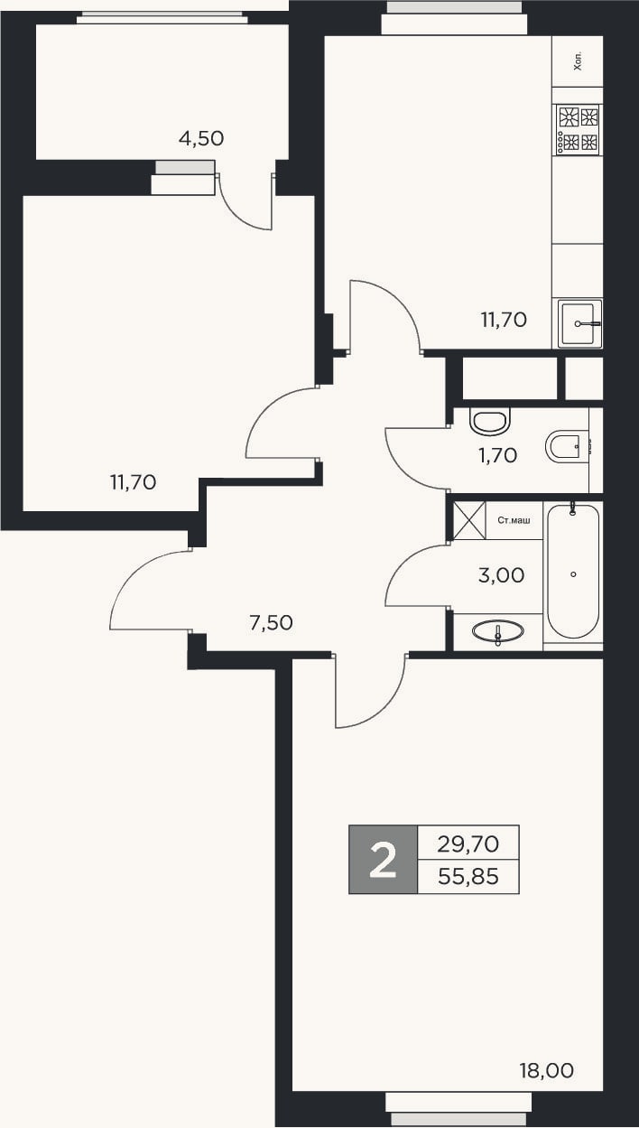 Планировка: 2-к, 53,6 м²
