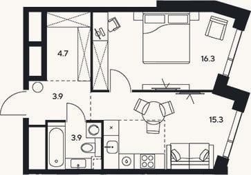 Планировка: 1-к, 44,1 м²