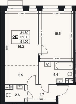Планировка: 2-к, 51 м²