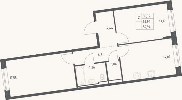 Планировка: 2-к, 59,9 м²