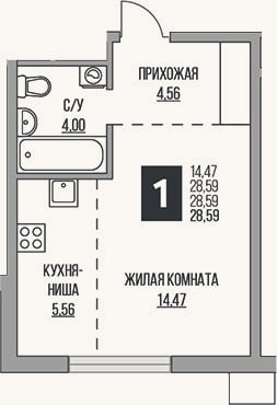 Планировка: Студия, 28,6 м²