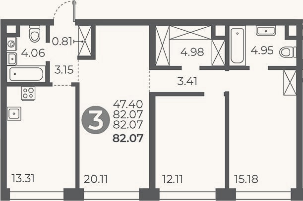Планировка: 3-к, 82,1 м²