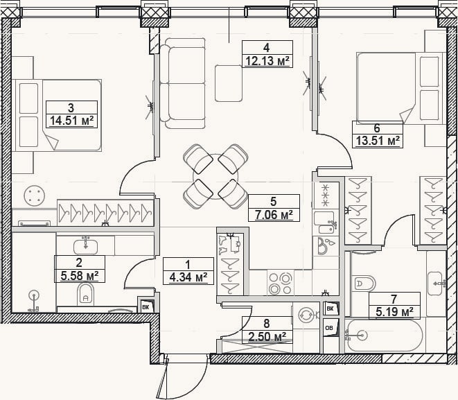 Планировка: 3-к, 64,8 м²