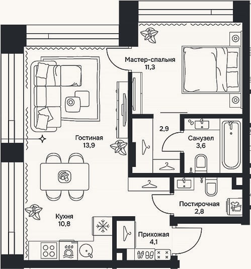 Планировка: 2-к, 49,4 м²