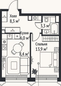 Планировка: 2-к, 39,9 м²