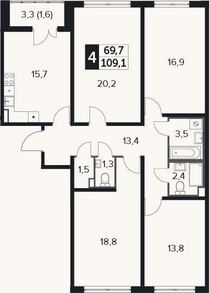 Планировка: 4+ к, 108,6 м²