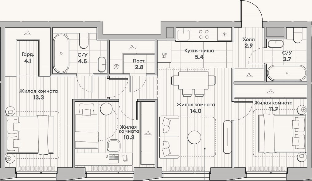 Планировка: 4+ к, 74,9 м²