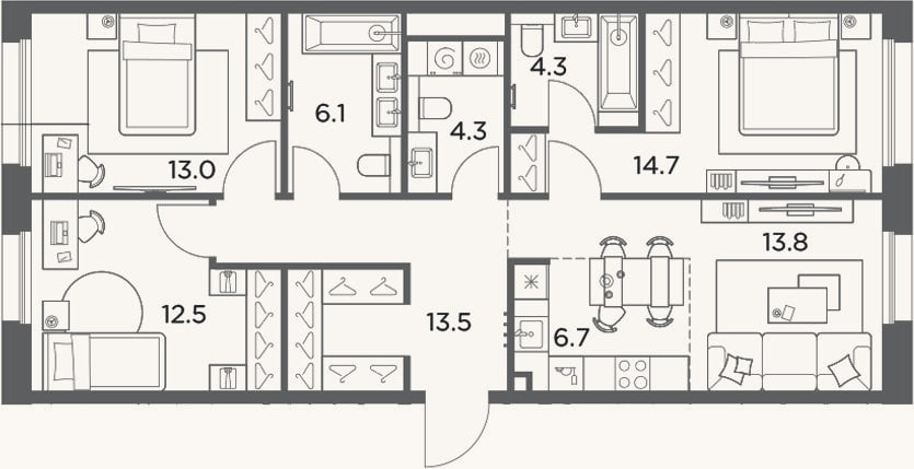 Планировка: 4+ к, 88,9 м²