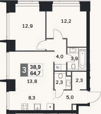 Планировка: 3-к, 64,7 м²