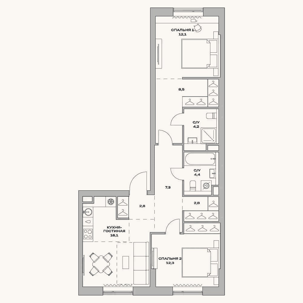 Планировка: 3-к, 70,5 м²