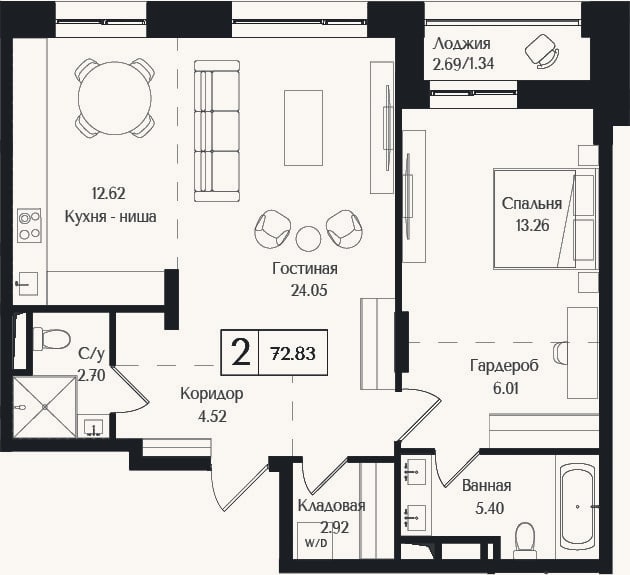 Планировка: 2-к, 71,5 м²
