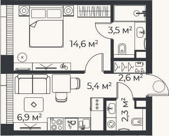 Планировка: 2-к, 35,3 м²