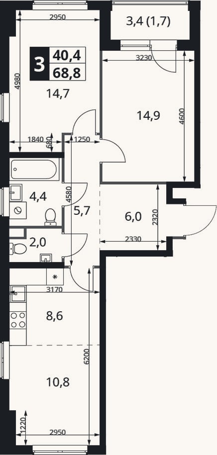 Планировка: 3-к, 67,1 м²