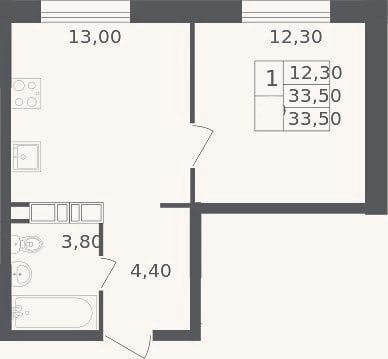 Планировка: 1-к, 33,5 м²