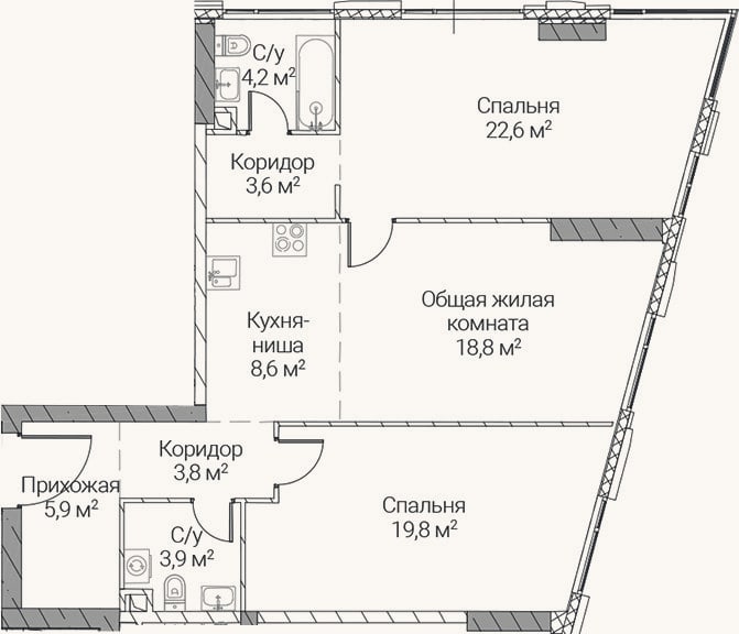 Планировка: 3-к, 91,2 м²
