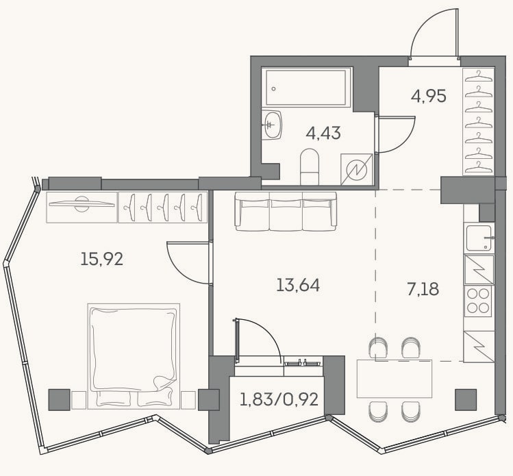 Планировка: 2-к, 46,1 м²