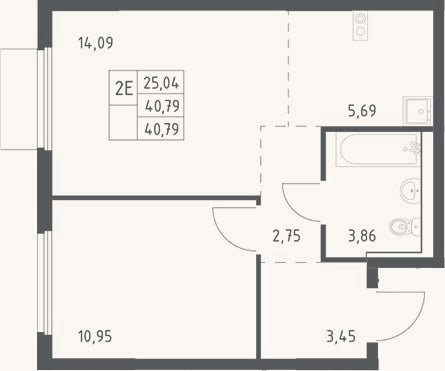 Планировка: 2-к, 40,8 м²