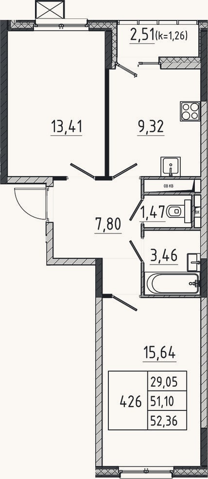 Планировка: 2-к, 51,1 м²