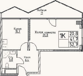 Планировка: 1-к, 41,7 м²