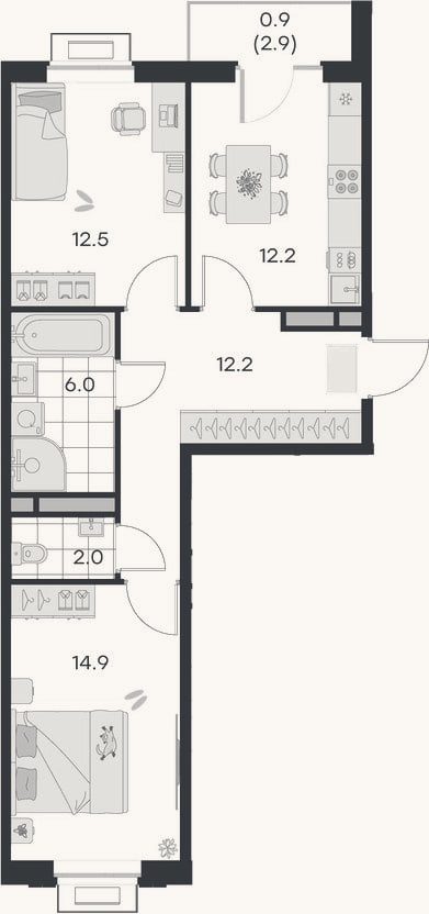 Планировка: 2-к, 59,8 м²