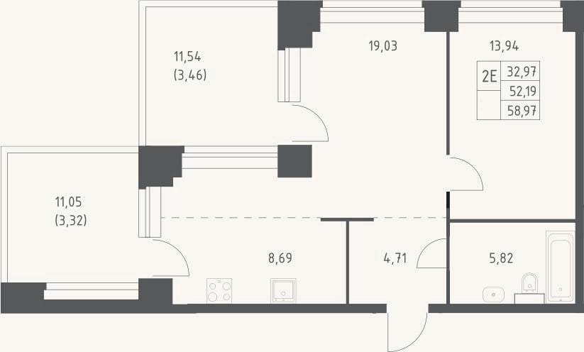 Планировка: 2-к, 52,2 м²