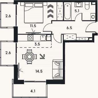 Планировка: 2-к, 41,1 м²