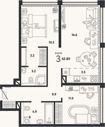 Планировка: 3-к, 62,8 м²
