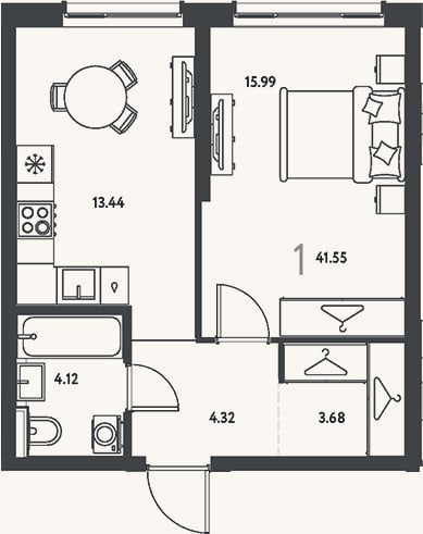 Планировка: 1-к, 41,6 м²