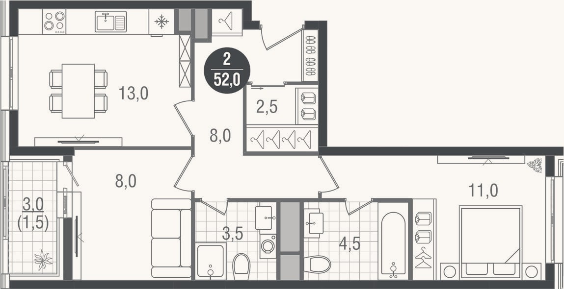 Планировка: 2-к, 50,5 м²
