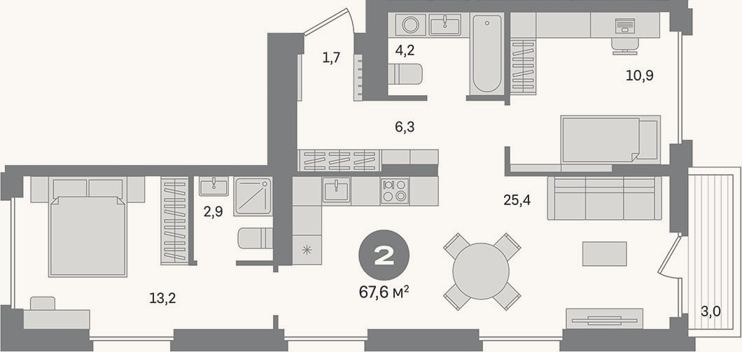 Планировка: 2-к, 64,6 м²