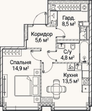 Планировка: 1-к, 47,3 м²