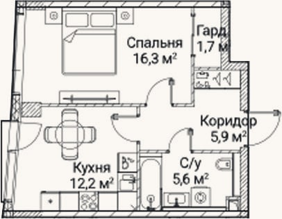 Планировка: 1-к, 41,1 м²