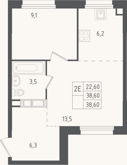 Планировка: 2-к, 38,6 м²