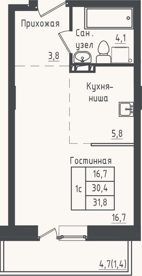 Планировка: Студия, 30,4 м²