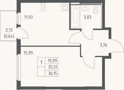 Планировка: 1-к, 35,5 м²