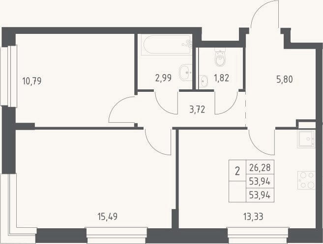 Планировка: 2-к, 53,9 м²