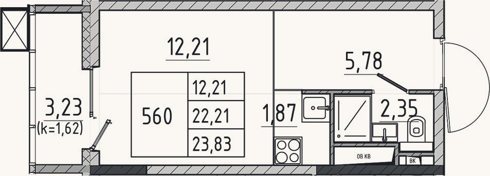 Планировка: Студия, 22,2 м²
