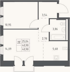 Планировка: 2-к, 40,9 м²