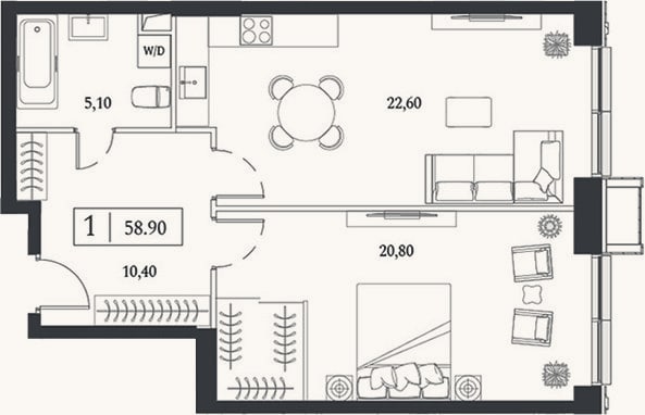 Планировка: 2-к, 58,9 м²