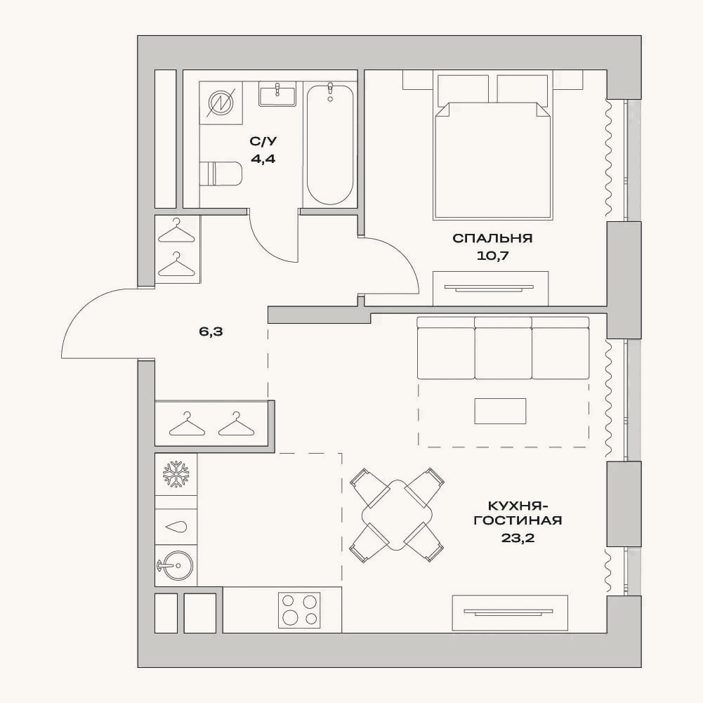 Планировка: 2-к, 44,6 м²