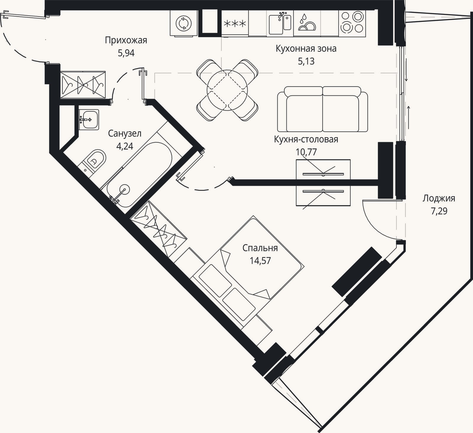 Планировка: 2-к, 41,1 м²