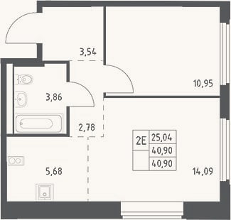 Планировка: 2-к, 40,9 м²