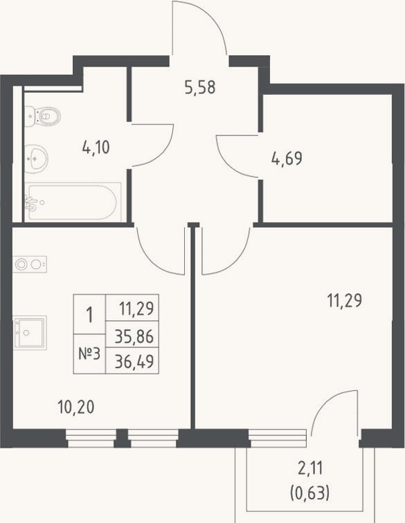 Планировка: 1-к, 35,9 м²