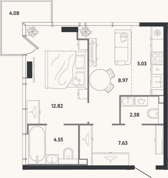 Планировка: 1-к, 41,6 м²