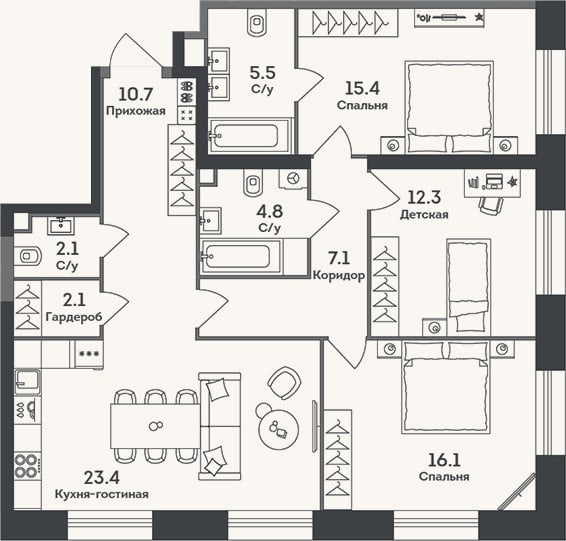 Планировка: 4+ к, 99,5 м²