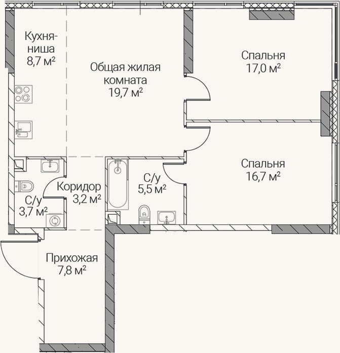 Планировка: 3-к, 82,3 м²