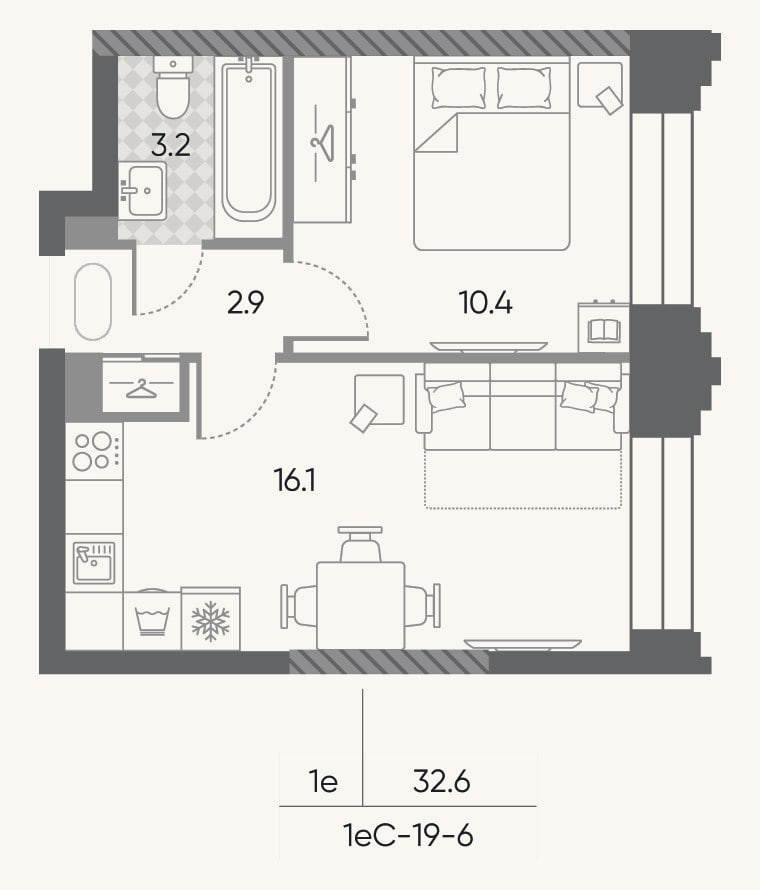Планировка: 2-к, 32,6 м²