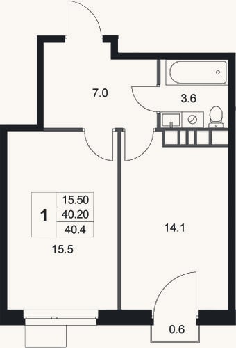 Планировка: 1-к, 40,2 м²